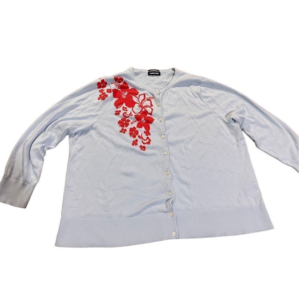 Lands'‎ End Women's Long Sleeve Cardigan Light Sky Blue Hibiscus 3X